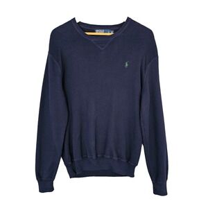 VTG Polo Ralph Lauren Men M Navy Blue Cotton Knit Sweater V-Stitch Crew Neck 90s